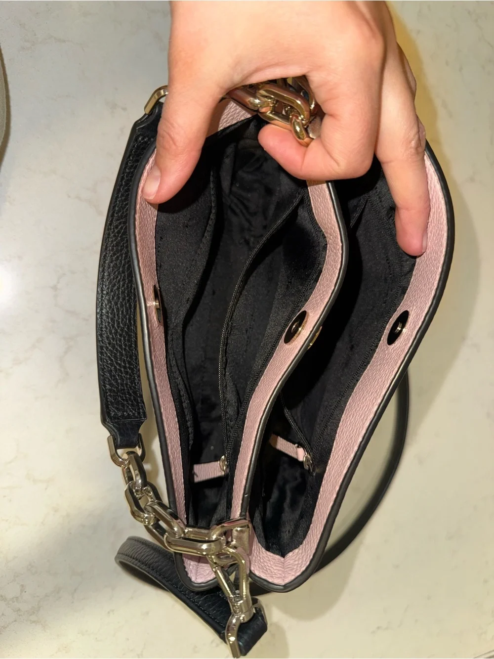Kate Spade Aubrey Black Leather Crossbody with Pink Accent and Gold Chain